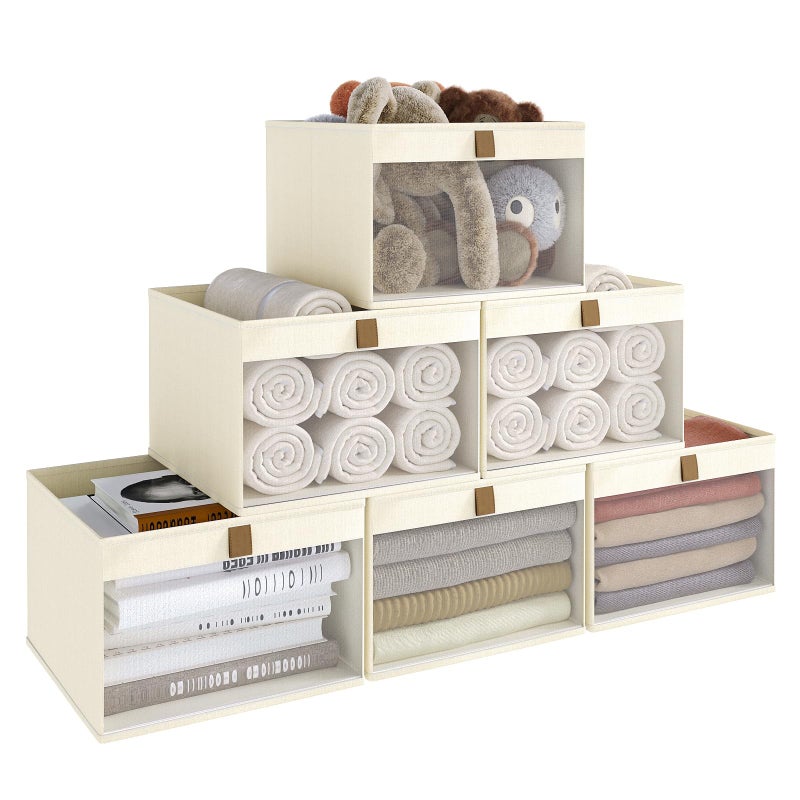 COYACOOL Linen Closet Organizers and Storage, Closet Storage Bins Basket Organizer, Foldable Organization Baskets with Mesh Window for Clothes Towels and Toys, 12.75" x 12.75" x 9", Beige, 6 pack - Image 1