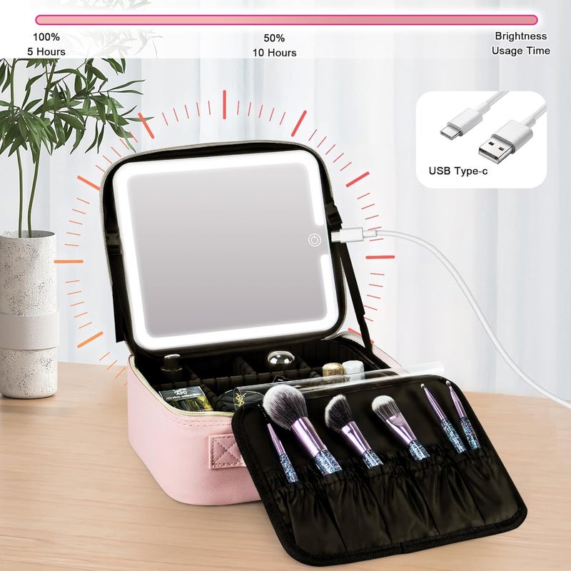 BEWITU Makeup Bag with lighted Mirror Travel Makeup Case for Women and Makeup Artists Cosmetic Organizer Large Make Up Bags with Light Up Mirror 3 Color Lights Adjustable Dividers and Brush Holder Pink - Image 4