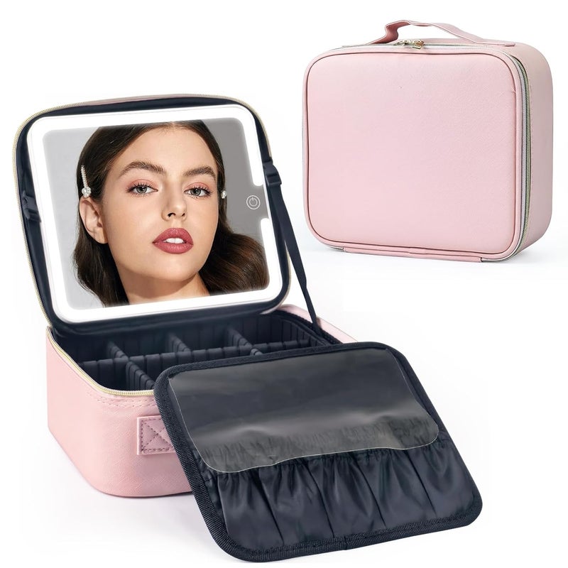 BEWITU Makeup Bag with lighted Mirror Travel Makeup Case for Women and Makeup Artists Cosmetic Organizer Large Make Up Bags with Light Up Mirror 3 Color Lights Adjustable Dividers and Brush Holder Pink - Image 1