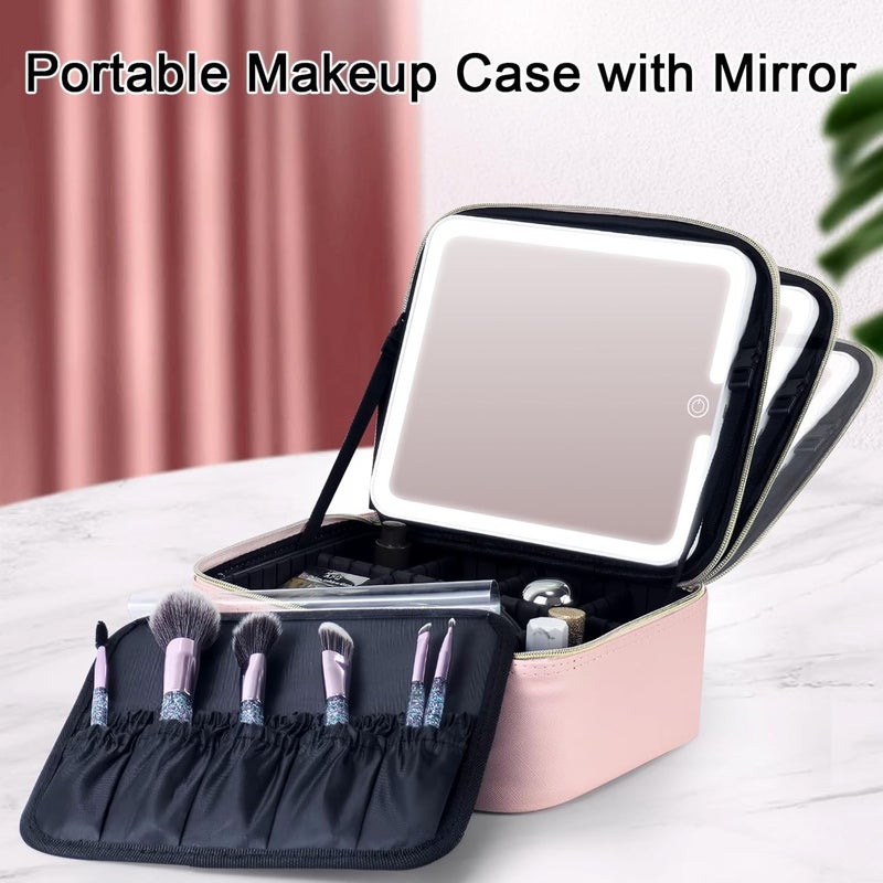 BEWITU Makeup Bag with lighted Mirror Travel Makeup Case for Women and Makeup Artists Cosmetic Organizer Large Make Up Bags with Light Up Mirror 3 Color Lights Adjustable Dividers and Brush Holder Pink - Image 2