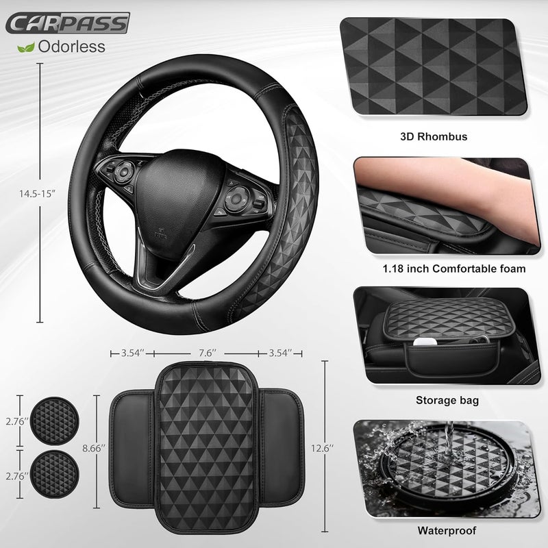 CAR PASS مجموعة إكسسوارات سيارة 3D من الجلد على شكل مستطيل، وسادة مريحة لمسند الذراع في وسط لوحة التحكم مع أكياس تخزين، 2 قاعدة كوب غير زلقة، مجموعات لديكورات داخلية للسيارة بقياس 14.5-15 بوصة، 4 قطع باللون الأسود الكامل. - Image 4