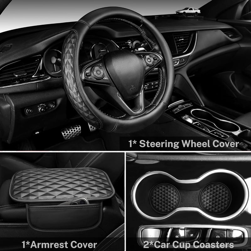 CAR PASS مجموعة إكسسوارات سيارة 3D من الجلد على شكل مستطيل، وسادة مريحة لمسند الذراع في وسط لوحة التحكم مع أكياس تخزين، 2 قاعدة كوب غير زلقة، مجموعات لديكورات داخلية للسيارة بقياس 14.5-15 بوصة، 4 قطع باللون الأسود الكامل. - Image 2