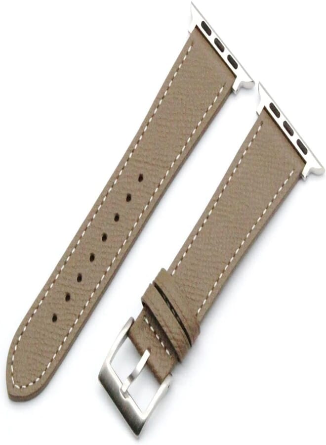 Next Store Compatible with iWatch Band 42mm 44mm 45mm 46mm 49mm Genuine Leather Replacement Strap Compatible with Ultra/Ultra2 Series 1/2/3/4/5/6/7/8/9/10 Beige+Silver Buckle, Unisex Adult.