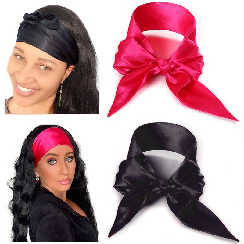 Leeven Leeven 2 Pcs Wig Grip Band Silky Satin Edge Scarves For Women Satin Wrapping Laying Scarf for Lace Wigs Non Slip Hair Wrap Headband For Makeup Facial Sport Yoga 45x54 1 pcs pink1Pcs black 