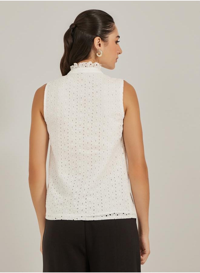Styli - Schiffli Ruffled Neck Sleeveless Top - Image 1