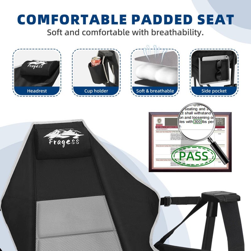 Fragess Portable Hammock Camping Chair with Adjustable Back, Folding Hammock Chair Supports 330lbs, Camping Swing Chair for Adults, Camping Hammock Chair for Lawn, Concerts, Backyard, Stargazer-Black - Image 3
