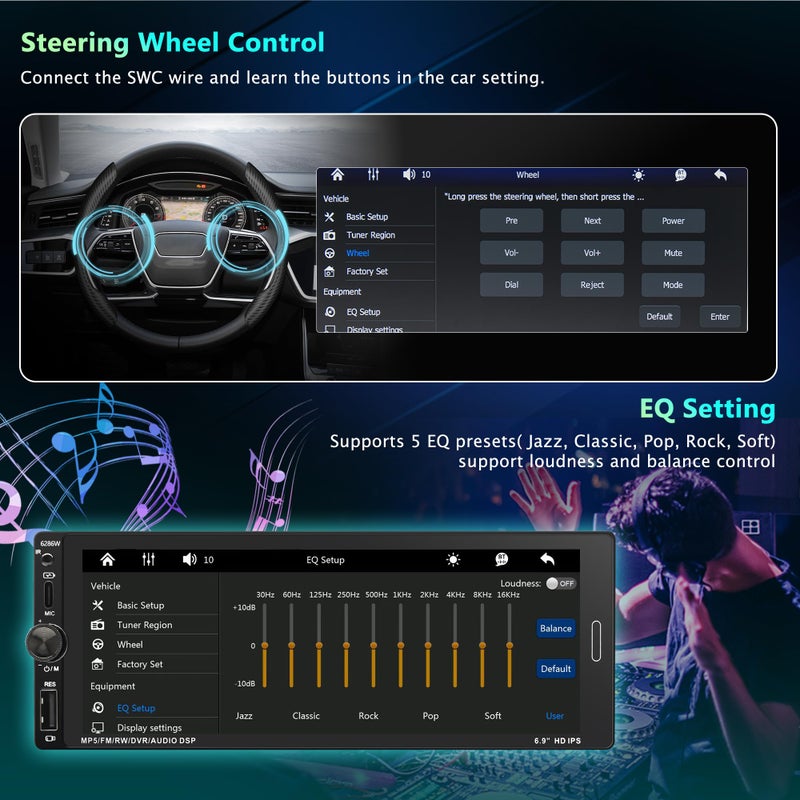 Emeito 6.9 in Wireless Carplay Single Din Car Stereo, HD IPS Touchscreen Car Radio, Car Stereo with Bluetooth 5.0,Mirror Link,FM,EQ,USB/Type-C,MIC, Weatherproof Night Version Backup Camera, Android Auto - Image 4