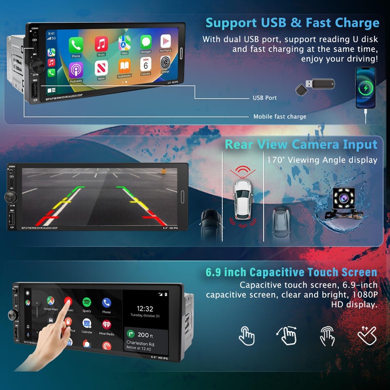 Emeito 6.9 in Wireless Carplay Single Din Car Stereo, HD IPS Touchscreen Car Radio, Car Stereo with Bluetooth 5.0,Mirror Link,FM,EQ,USB/Type-C,MIC, Weatherproof Night Version Backup Camera, Android Auto - Image 5