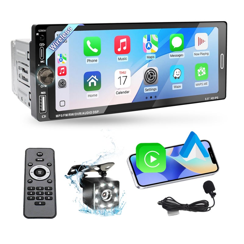 Emeito 6.9 in Wireless Carplay Single Din Car Stereo, HD IPS Touchscreen Car Radio, Car Stereo with Bluetooth 5.0,Mirror Link,FM,EQ,USB/Type-C,MIC, Weatherproof Night Version Backup Camera, Android Auto - Image 1