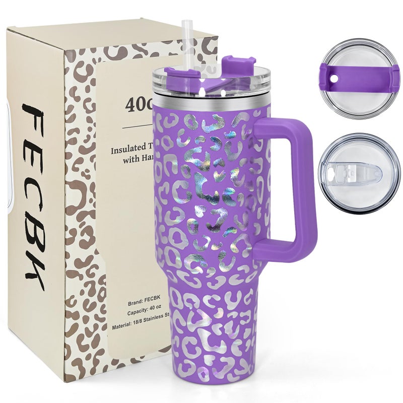FECBK 40 oz Tumbler with Handle and Straw 100 LeakProof Travel Mug Stainless Steel Double Wall Vacuum Insulated Coffee Cup Keeps Cold For 34 Hours Dishwasher Safe Purple Leopard