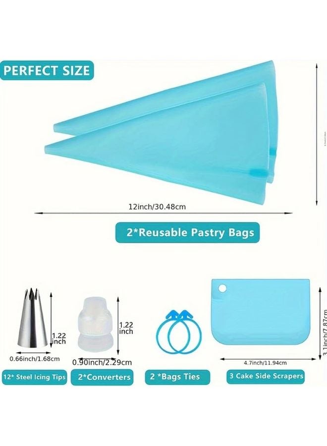 21 قطعة مجموعة تزيين الكعك الزرقاء، فوهات تزيين من الفولاذ المقاوم للصدأ، أكياس معجنات قابلة لإعادة الاستخدام - Image 5