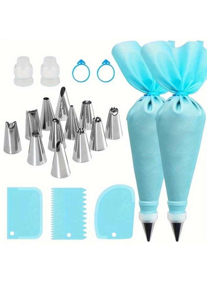 21 قطعة مجموعة تزيين الكعك الزرقاء، فوهات تزيين من الفولاذ المقاوم للصدأ، أكياس معجنات قابلة لإعادة الاستخدام - Image 2
