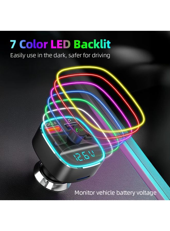 Black BT FM Transmitter Car Charger with QC3 0 Dual USB 7 Color LED Hands Free Calling - Image 4