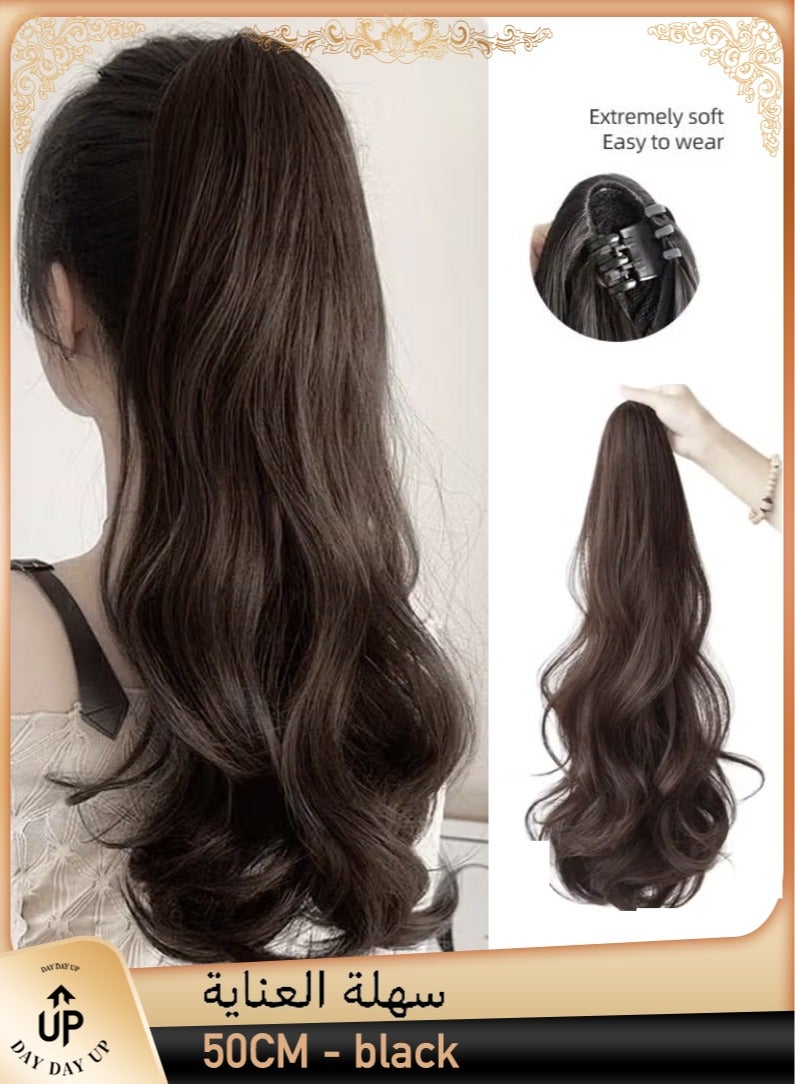 Long Wavy Ponytail Extensions Mini Claw Clip Natural Ponytail Wig Hair Extension Synthetic Hairpiece for Women Girls Party Hairstyle Soft Daily Use 50CM - black - Image 1