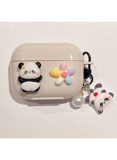 For AirPods 4 Headphone Set Cartoon Diy Doll Pendant Apple 1/2 Generation/pro2 Bluetooth Soft Case Bracelet-Color:Beige Soft Shell + Pendant-panda Flowers-Model:Airpods 4 (protective Case)