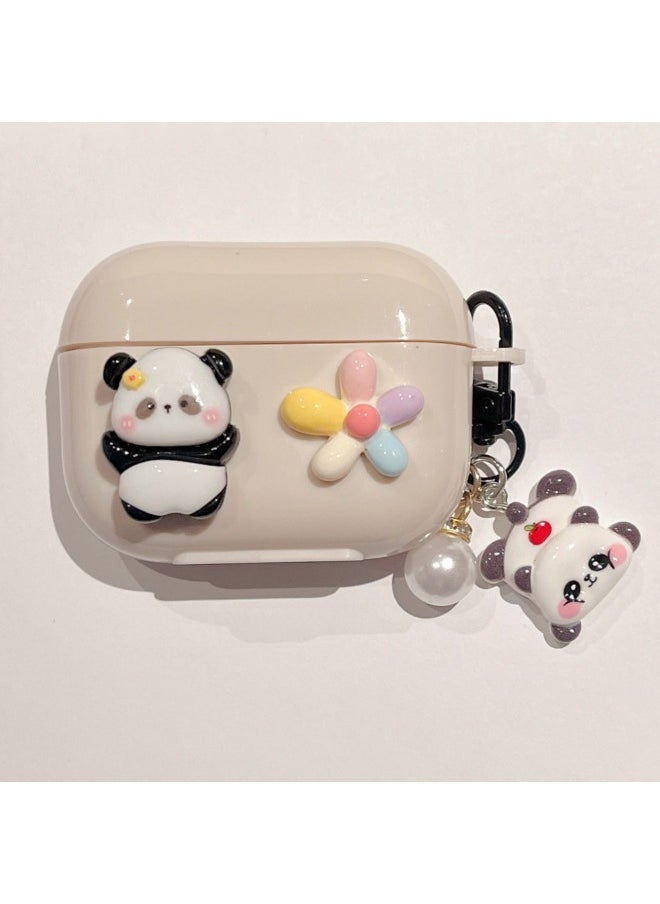 Generic - For AirPods 4 Headphone Set Cartoon Diy Doll Pendant Apple 1/2 Generation/pro2 Bluetooth Soft Case Bracelet-Color:Beige Soft Shell + Pendant-panda Flowers-Model:Airpods 4 (protective Case) - Image 1