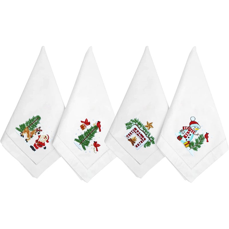 HCRAFT Embroidered Cotton Table Napkin Cloth Napkins Set of 4 18x18 Christmas Fireplace Napkin Square Fabric Dining Room Napkins Cloth Machine Washable Christmas Napkins Great Present Ideas