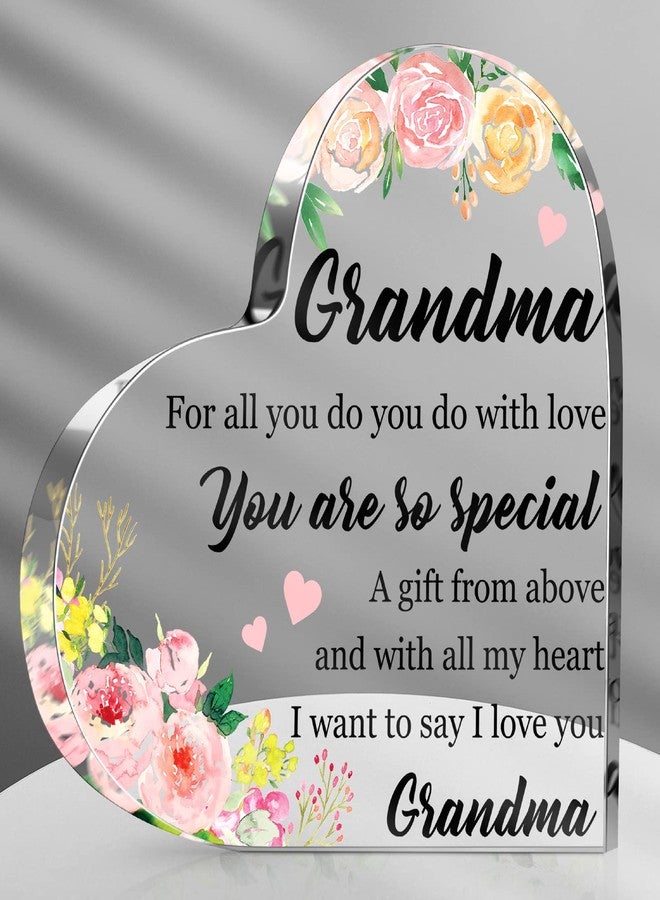Perthlin Acrylic Grandma Birthday Gift Floral Themed Heart Shape Birthday Christmas Gifts for Grandma Inspirational Thoughtful Grandma Gifts from Granddaughter Grandson for Home Decorations - Image 1