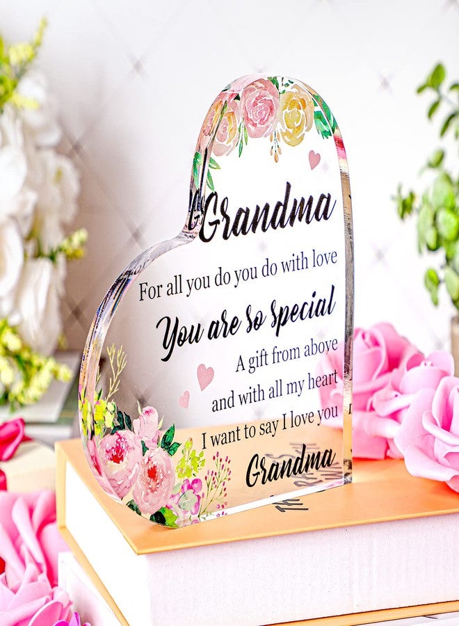 Perthlin Acrylic Grandma Birthday Gift Floral Themed Heart Shape Birthday Christmas Gifts for Grandma Inspirational Thoughtful Grandma Gifts from Granddaughter Grandson for Home Decorations - Image 2