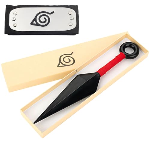 PATPAT Cosplay Props Ninja Headband & 10'' Kunai Weapon Prop Tie-Back Headband Metal Engraved Icon Headband and Kunai Prop Party Dressing-up Accessories Props Halloween Dressing Props,Black - Image 1
