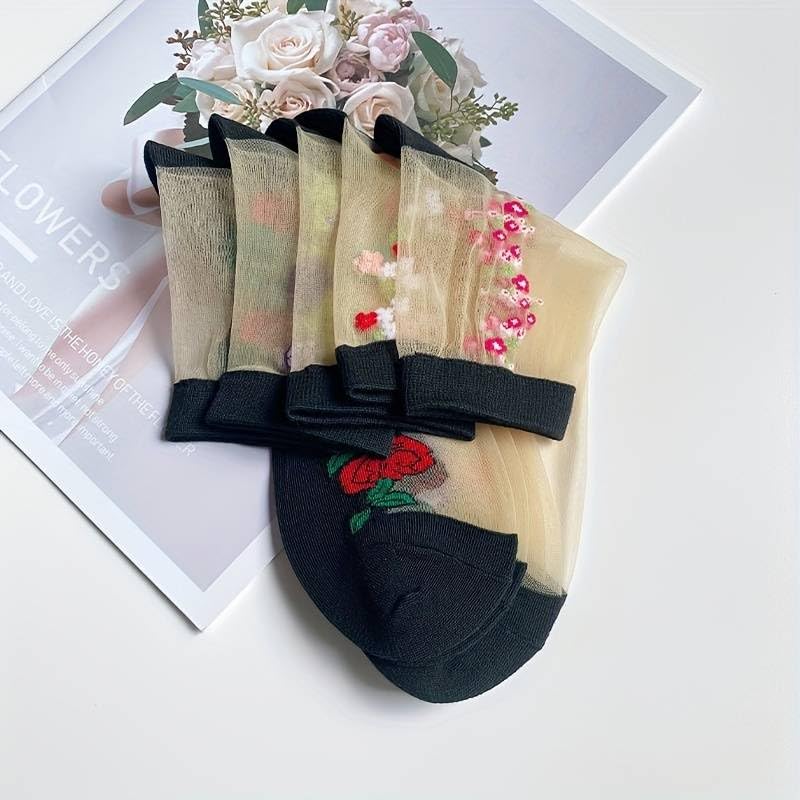 NICSY Nylon Women's And Girl's Ultra-Thin Transparent Floral Printed Ankle Length Socks Pack Of 5 Pairs Free Size Multicolor - Image 3
