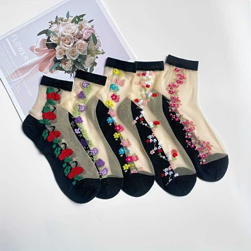 NICSY Nylon Women's And Girl's Ultra-Thin Transparent Floral Printed Ankle Length Socks Pack Of 5 Pairs Free Size Multicolor - Image 4