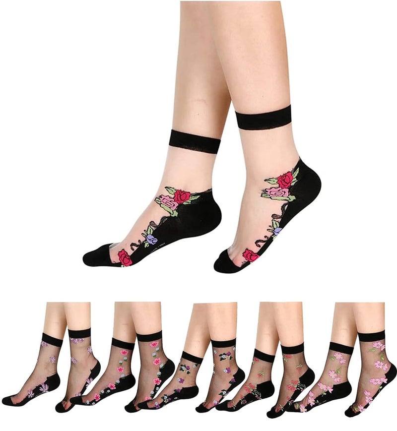 NICSY Nylon Women's And Girl's Ultra-Thin Transparent Floral Printed Ankle Length Socks Pack Of 5 Pairs Free Size Multicolor - Image 1