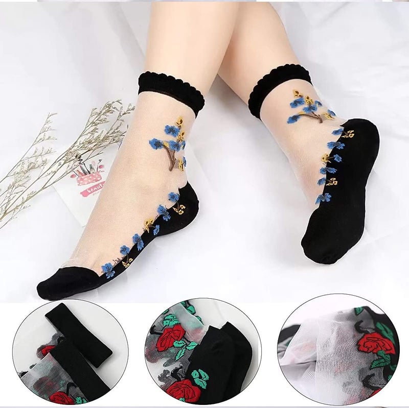 NICSY Nylon Women's And Girl's Ultra-Thin Transparent Floral Printed Ankle Length Socks Pack Of 5 Pairs Free Size Multicolor - Image 5