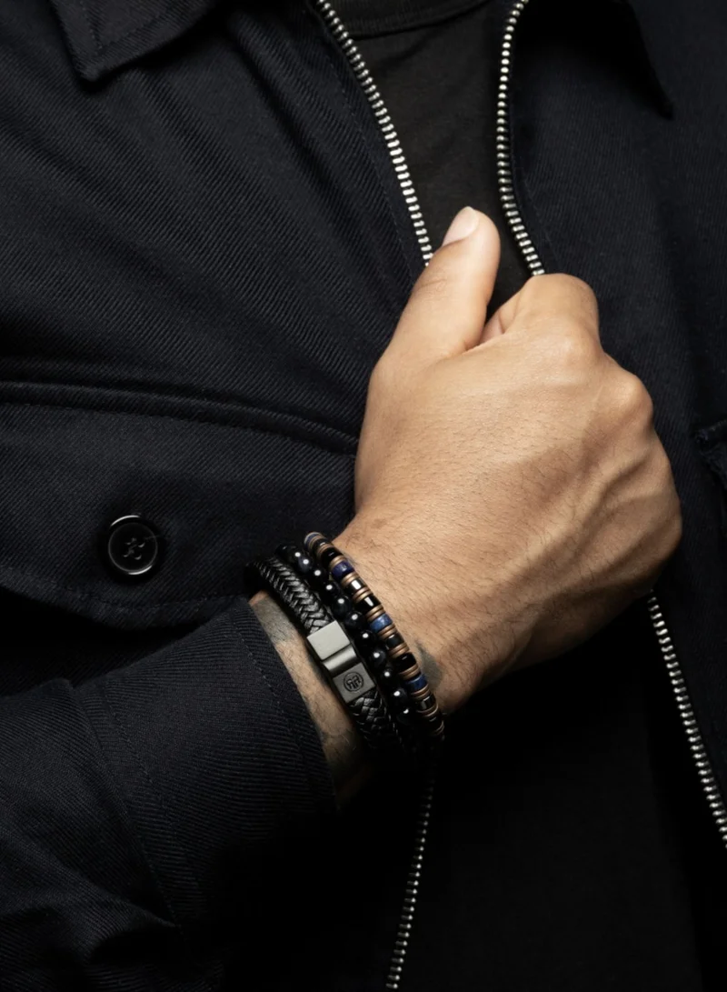 Rebel & Rose Men's Full Metal Herringbone Leather Bracelet, 12 mm, Black