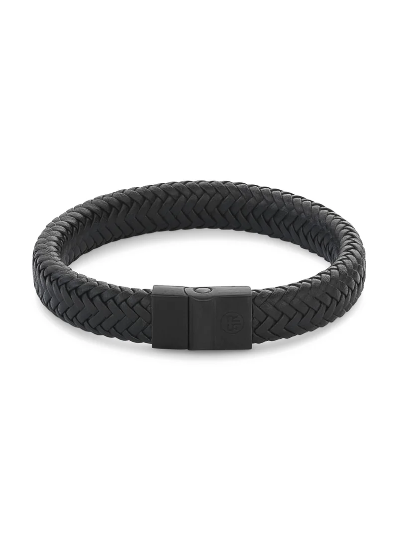 Rebel & Rose Men's Full Metal Herringbone Leather Bracelet, 12 mm, Black