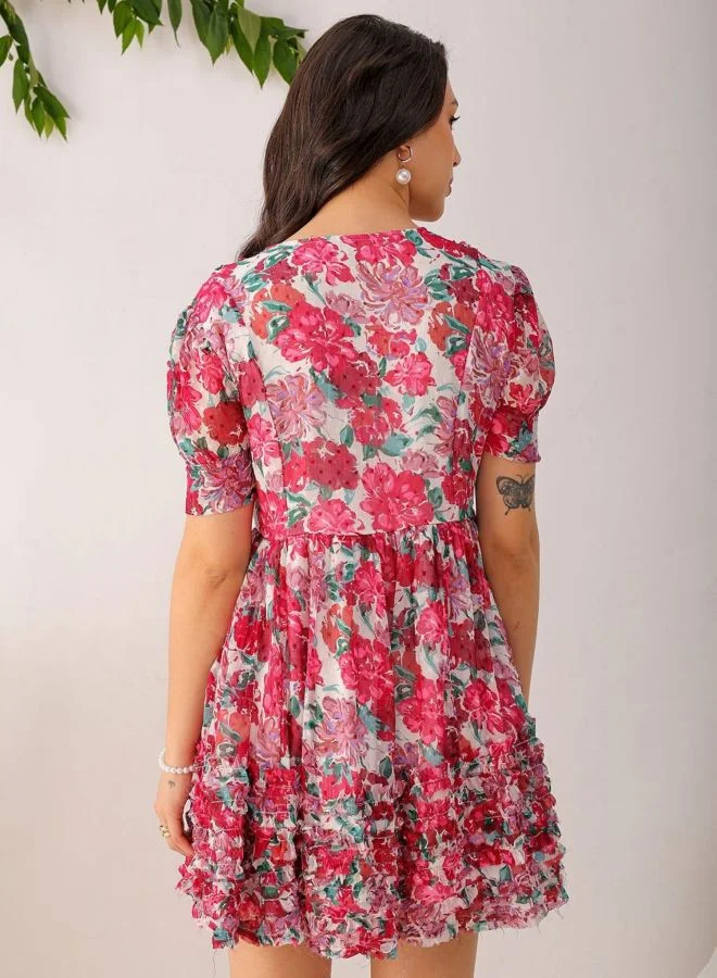 Freehand  Women Fit and Flared Floral Printed V-Neck Long Sleeve Ruffle Dress for Women | Best Price UAE