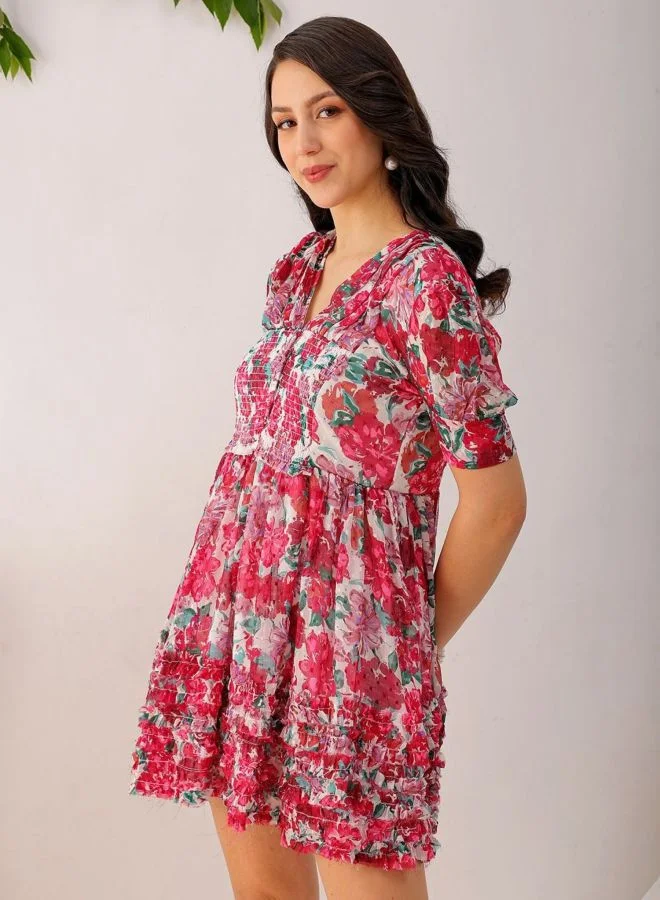 Freehand  Women Fit and Flared Floral Printed V-Neck Long Sleeve Ruffle Dress for Women | Best Price UAE