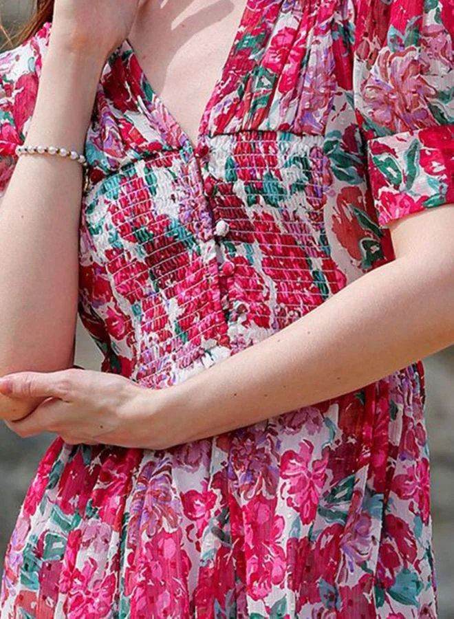 Freehand  Women Fit and Flared Floral Printed V-Neck Long Sleeve Ruffle Dress for Women | Best Price UAE