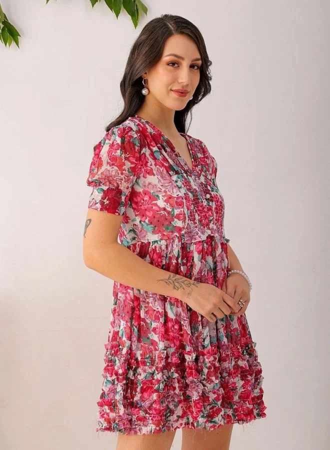 Freehand  Women Fit and Flared Floral Printed V-Neck Long Sleeve Ruffle Dress for Women | Best Price UAE