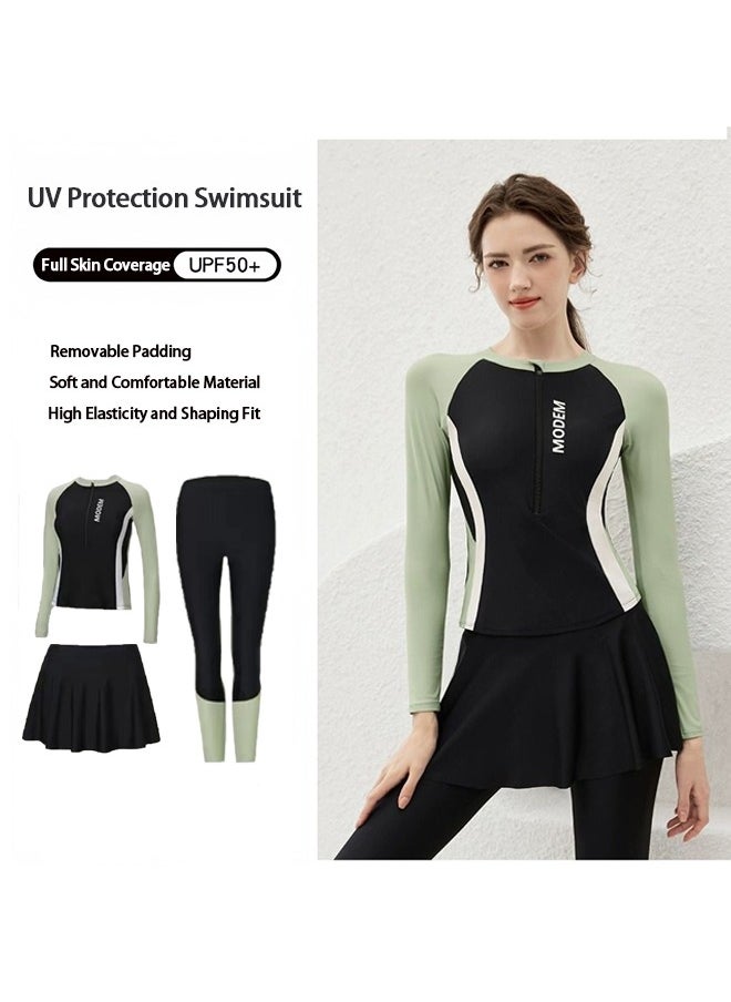 GRKC Modest 3-Piece Swimsuit Set for Women - Includes Swimwear, Swim Skirt & Swim Shorts, UV Protection Bathing Suit, Elegant Tummy Control Design, Perfect for Surfing & Swimming，Black Green  - Image 1