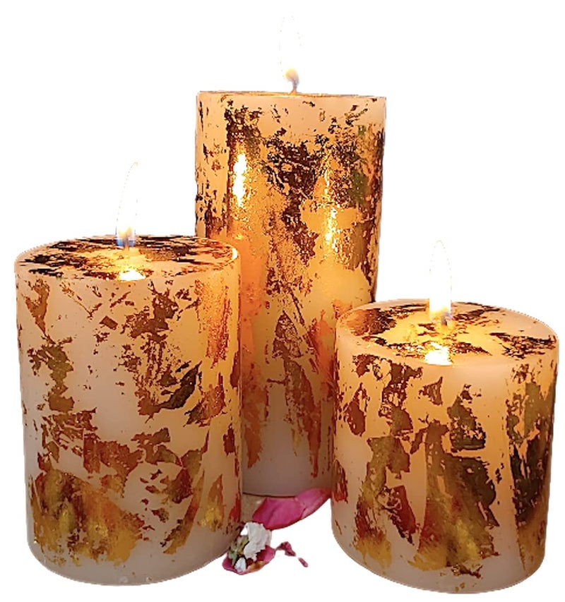 Floryn Decor Set of 3 Metallic Pillar Candles Decoration Dinner Wedding Party Candles Perfect Use for Home Decor - Church-Spa Candle, Restaurant | Smokeless & Dripless (Gold Dust) - Image 5