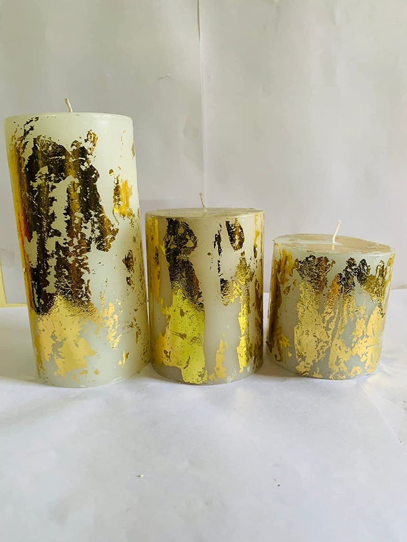 Floryn Decor Set of 3 Metallic Pillar Candles Decoration Dinner Wedding Party Candles Perfect Use for Home Decor - Church-Spa Candle, Restaurant | Smokeless & Dripless (Gold Dust) - Image 2