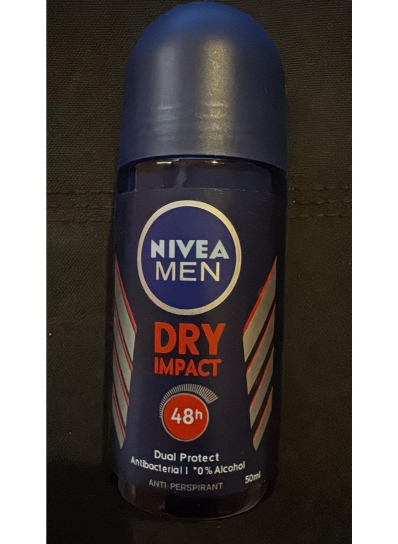Nivea Men Dry Impact Anti-Perspirant Roll-On Deodorant, 50ml. This product provides powerful protection against sweat and body odor.  Key product details:  Protection: Provides reliable 48-hour antiperspirant protection.  Formula: Features a dual-action formula with two antiperspirants for a long-lasting dry feeling.  Ingredients: Alcohol-free and colorant-free.  Skin-compatible and dermatologically tested.  Fragrance: Contains a light and fresh masculine scent.  Usage: Suitable for all skin types, including sensitive skin. Recommended application after showering on clean, dry skin.  Target Audience: Specifically designed for men who experience excessive sweating or engage in sports activities.
