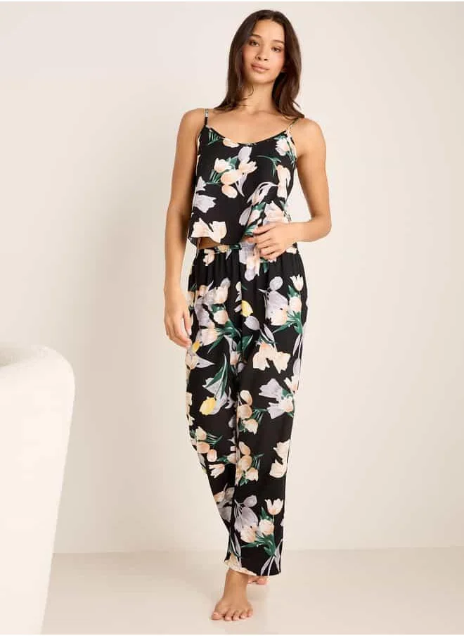 FAV Floral Print Night Robe with Camisole and Pyjama Set