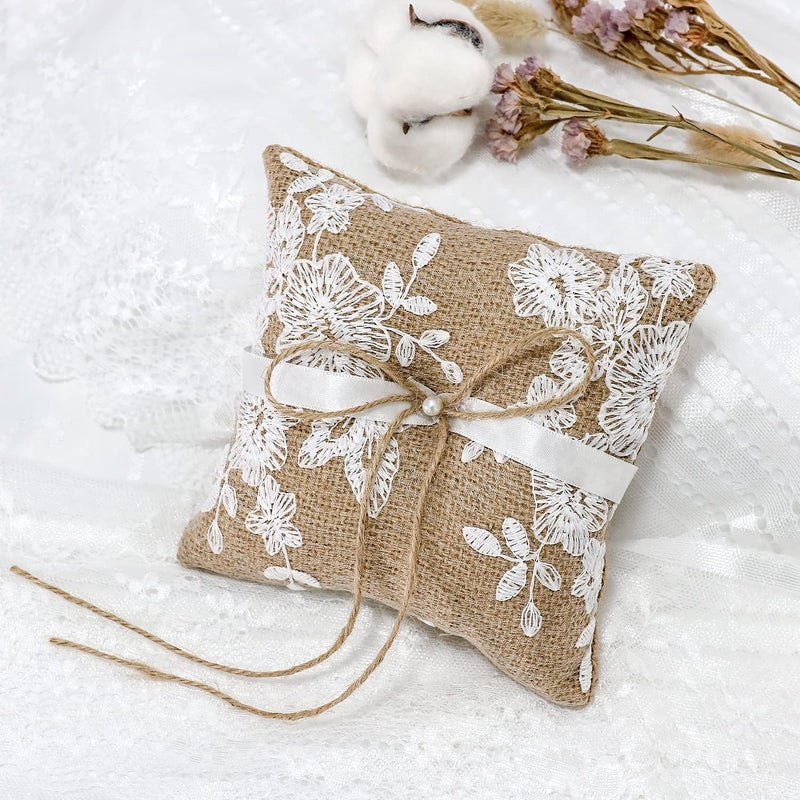 LABJULY Ring Bearer Pillows Lace Bow Flower for Fall Wedding Ceremony with Vintage Rustic Lace Bow Pearl Embroidered Flower Ribbon (6 inch) - Image 1