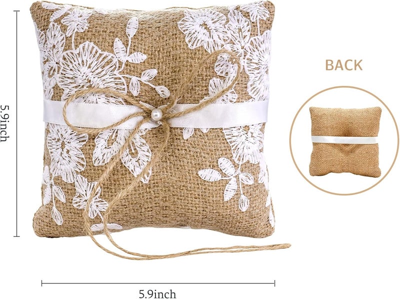 LABJULY Ring Bearer Pillows Lace Bow Flower for Fall Wedding Ceremony with Vintage Rustic Lace Bow Pearl Embroidered Flower Ribbon (6 inch) - Image 3
