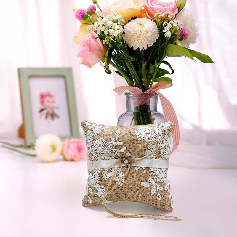 LABJULY Ring Bearer Pillows Lace Bow Flower for Fall Wedding Ceremony with Vintage Rustic Lace Bow Pearl Embroidered Flower Ribbon (6 inch) - Image 2
