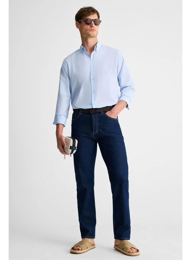 Grimelange Rısto Men's Button-Down Blue Shirt with Cuff, Minimizing Post-Wash Ironing Needs.