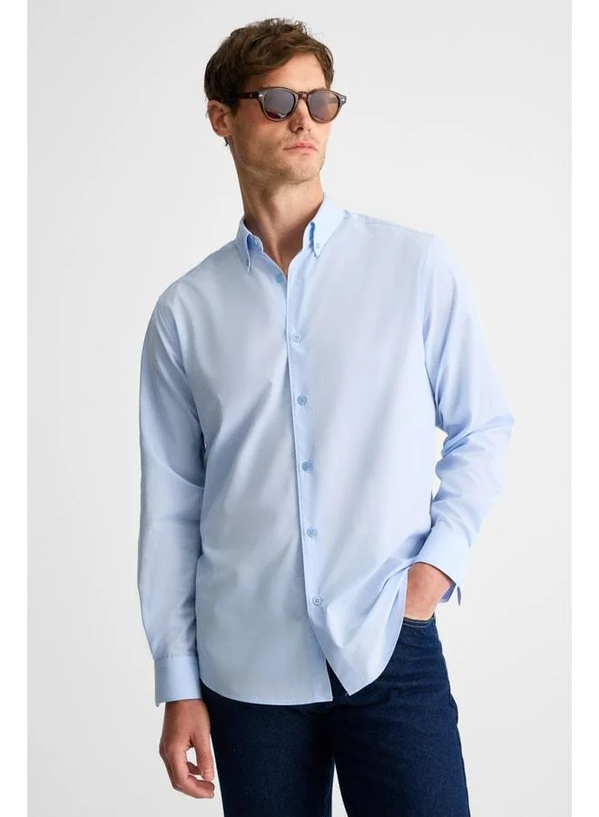Grimelange Rısto Men's Button-Down Blue Shirt with Cuff, Minimizing Post-Wash Ironing Needs.