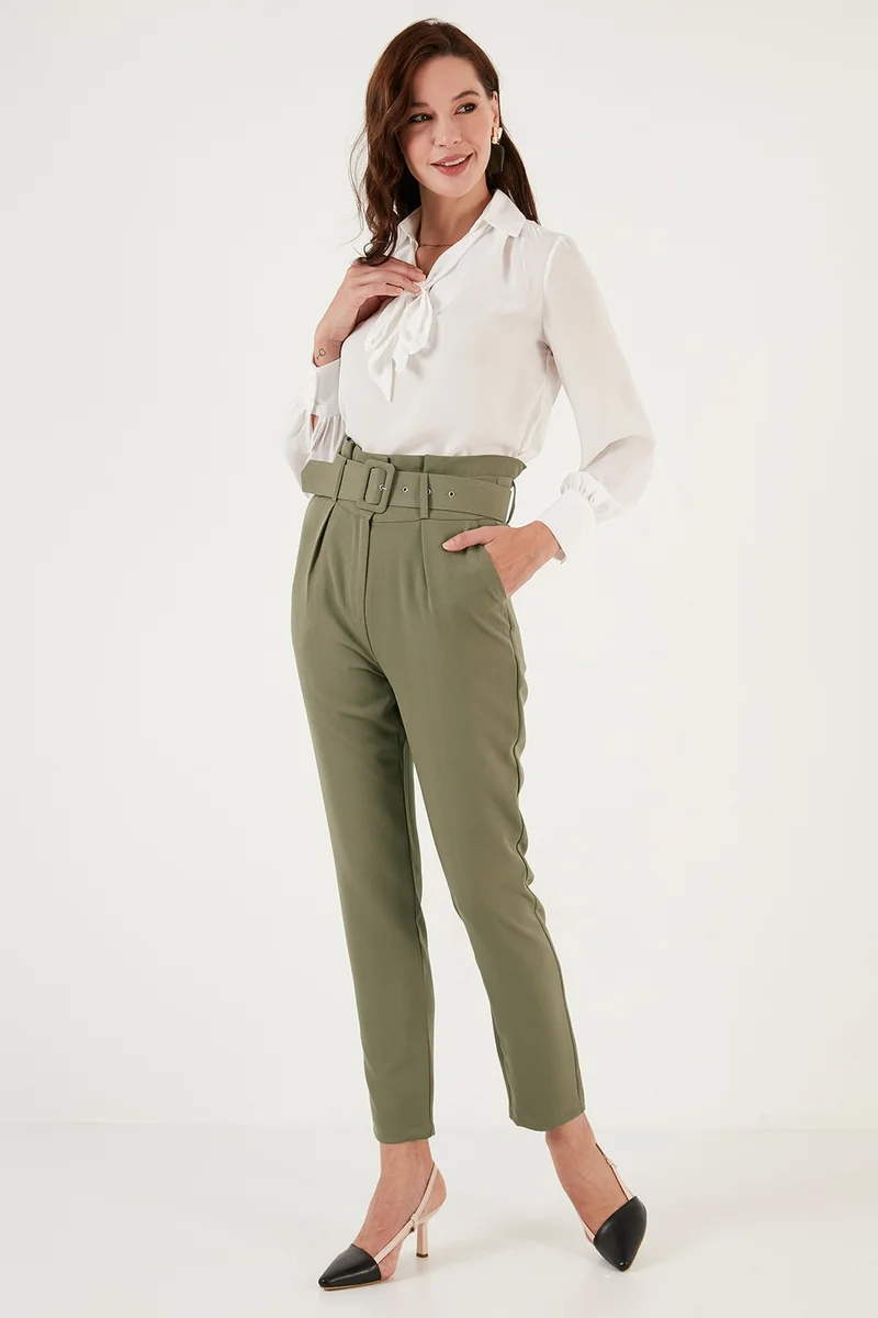 ليلا High Waist Pocket Belted Regular Fit Fabric Trousers Women's Trousers 611PL04