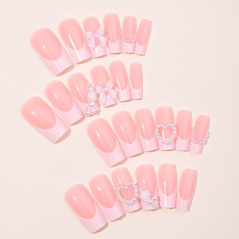 YKZFUI 24Pcs French Tip Press on Nails with Charms Designs Medium Long Fake Nails French Heart Nails Press on Cute Rose Flower Stick on Nails Square Shape Acrylic Nails Pearl Nails for Women Daily Wear - Image 3