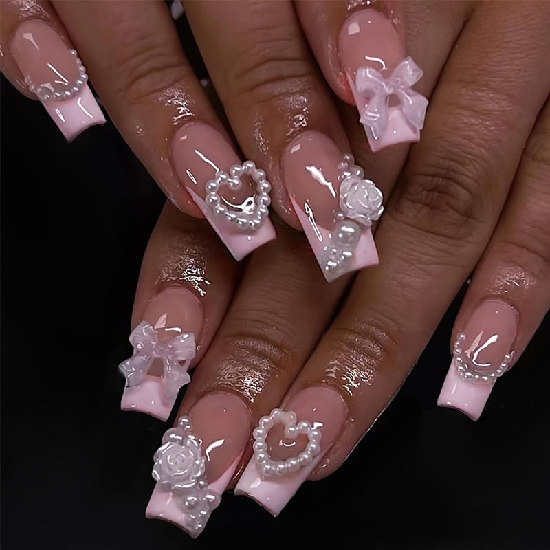 YKZFUI 24Pcs French Tip Press on Nails with Charms Designs Medium Long Fake Nails French Heart Nails Press on Cute Rose Flower Stick on Nails Square Shape Acrylic Nails Pearl Nails for Women Daily Wear - Image 1