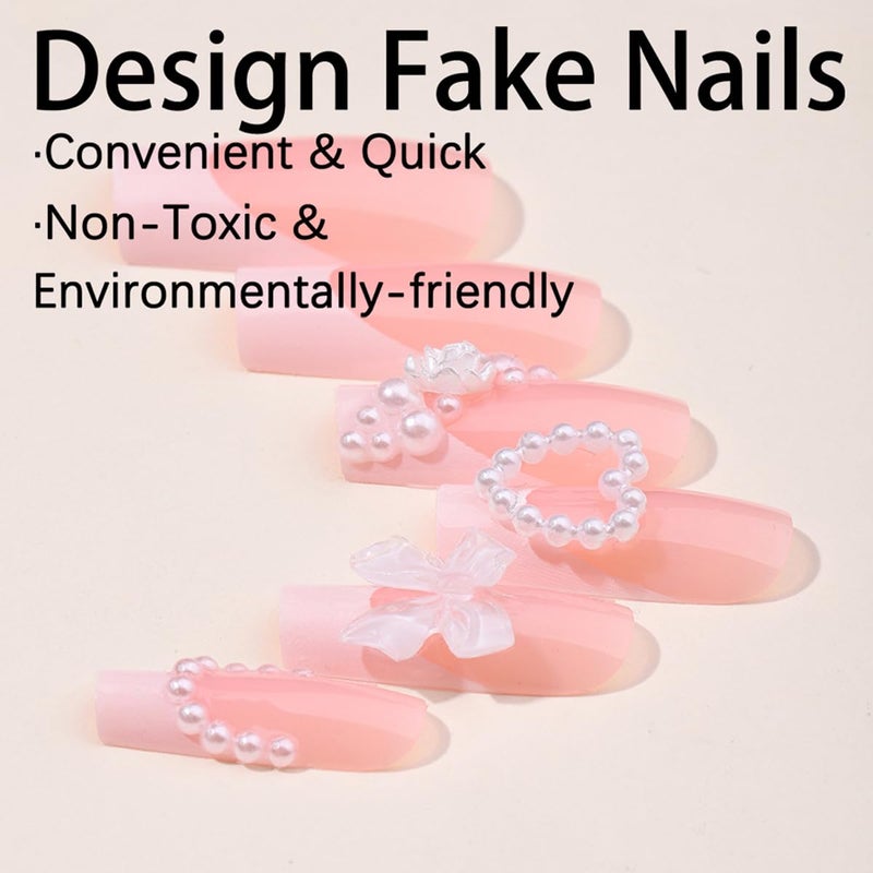 YKZFUI 24Pcs French Tip Press on Nails with Charms Designs Medium Long Fake Nails French Heart Nails Press on Cute Rose Flower Stick on Nails Square Shape Acrylic Nails Pearl Nails for Women Daily Wear - Image 2