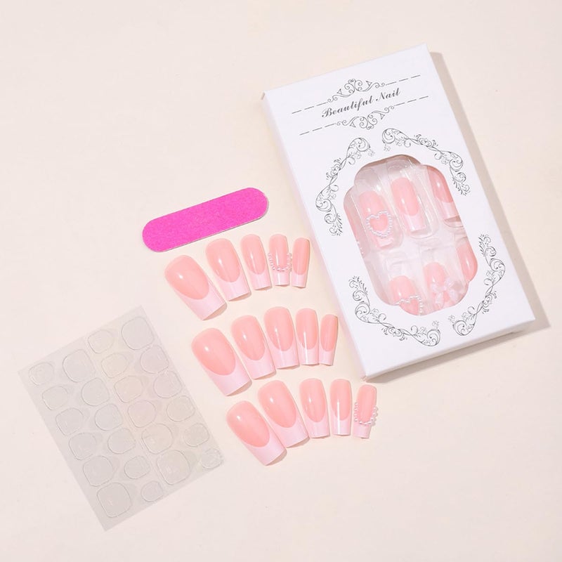 YKZFUI 24Pcs French Tip Press on Nails with Charms Designs Medium Long Fake Nails French Heart Nails Press on Cute Rose Flower Stick on Nails Square Shape Acrylic Nails Pearl Nails for Women Daily Wear - Image 4