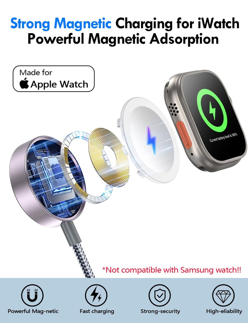 xiwxi Travel Essentials for Apple Watch Charger,iPhone Charger,3 in 2 Type C/L/Magnetic Fast Charging Cable,Multi Charging Cable Portable Designed for iWatch Series,iPhone 17-11,Galaxy S26-S21,Car-4FT - Image 4